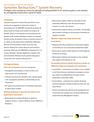 Manuel du propriétaire | Symantec BACKUP EXEC SYSTEM RECOVERY Manuel utilisateur | Fixfr