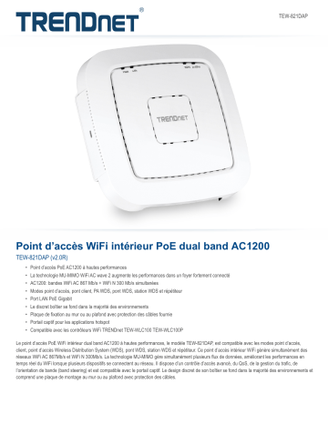 Trendnet TEW-821DAP AC1200 Dual Band PoE Indoor Wireless Access Point Fiche technique | Fixfr