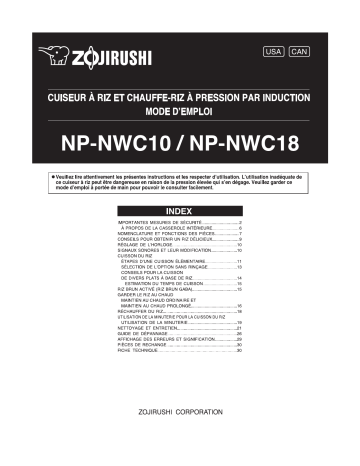 Manuel du propriétaire | Zojirushi NP-NWC10/18 Manuel utilisateur | Fixfr