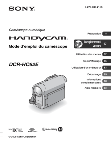 DCR HC62E | Sony DCR-HC62E Mode d'emploi | Fixfr