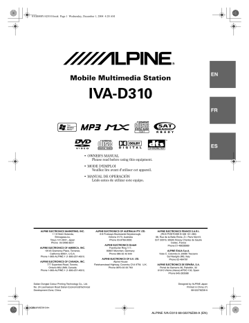 Manuel du propriétaire | Alpine IVA-D310 Manuel utilisateur | Fixfr