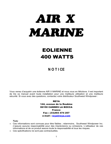 Manuel du propriétaire | AIR X MARINE 400 WATTS Manuel utilisateur | Fixfr