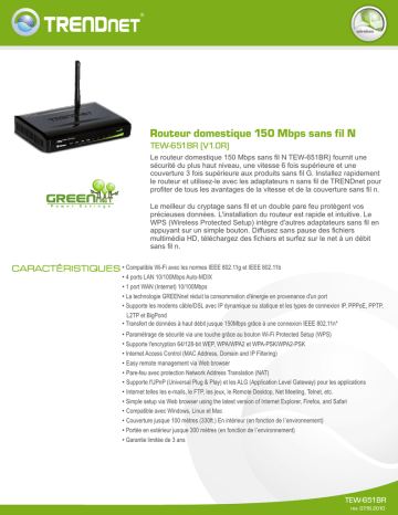 Trendnet TEW-651BR N150 Wireless Home Router Fiche technique | Fixfr