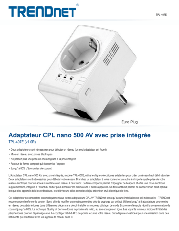 Trendnet TPL-407E Powerline 500 AV Nano Adapter Fiche technique | Fixfr