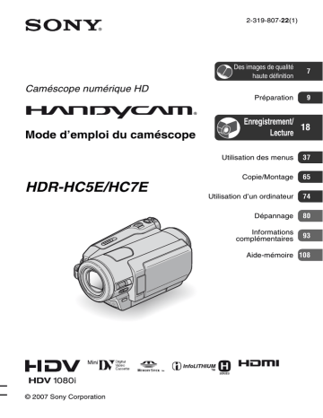 HDR HC5E | HDR HC7E | Sony HDR-HC5E Mode d'emploi | Fixfr