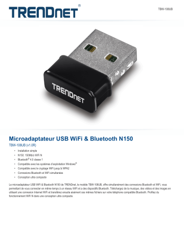 Trendnet TBW-108UB Micro N150 Wireless & Bluetooth USB Adapter Fiche technique | Fixfr