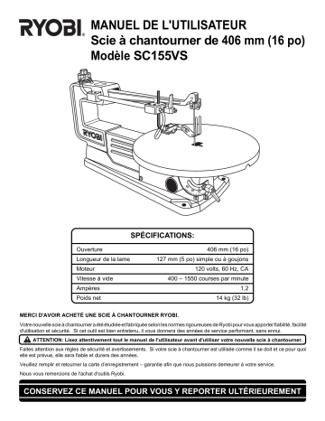 Manuel du propriétaire | Ryobi SC155VS Manuel utilisateur | Fixfr