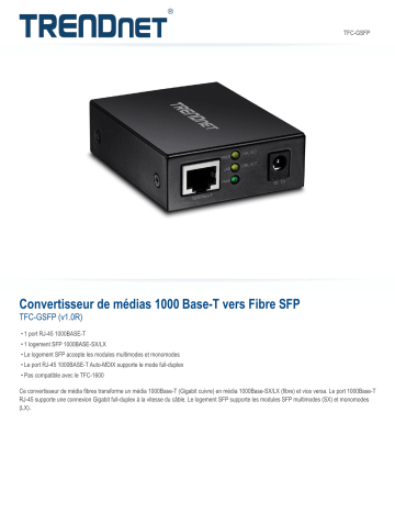 Trendnet TFC-GSFP 1000BASE-T to SFP Fiber Media Converter Fiche technique | Fixfr