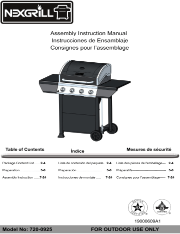720-0925S | Manuel du propriétaire | Nexgrill 720-0925XA 4-Burner Propane Gas Grill in Black with Stainless Steel Control Panel Plus Cover and Tool Set Manuel utilisateur | Fixfr