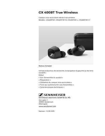 CX400BT TRUE WIRELESS WHI | Sennheiser CX400BT TRUE WIRELESS BLK Casque audio ou écouteurs sans fil / Bluetooth Manuel du propriétaire | Fixfr