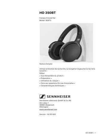 HD350 BT BLACK | Sennheiser HD350 BT WHITE Casque audio ou écouteurs sans fil / Bluetooth Manuel du propriétaire | Fixfr