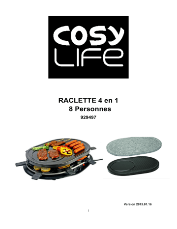 Manuel du propriétaire | COSYLIFE Raclette R8GCP1 - 8 parts-pierr Appareil à raclette Manuel utilisateur | Fixfr