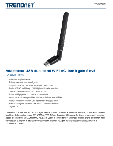 Trendnet TEW-805UBH AC1200 High Gain Dual Band Wireless USB Adapter Fiche technique | Fixfr