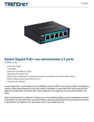 Trendnet TE-GP051 5-Port Unmanaged Gigabit PoE+ Switch Fiche technique | Fixfr