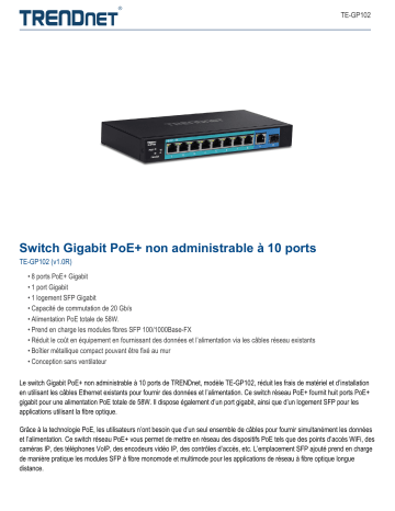 Trendnet TE-GP102 10-Port Unmanaged Gigabit PoE+ Switch Fiche technique | Fixfr