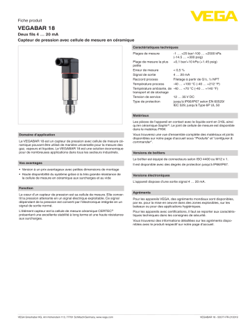 Vega VEGABAR 18 Pressure transmitter spécification | Fixfr