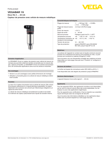 Vega VEGABAR 19 Pressure transmitter spécification | Fixfr