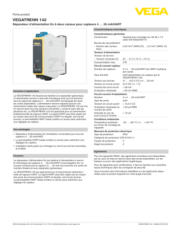 Vega VEGATRENN 142 Separator for 4 … 20 mA/HART sensors spécification | Fixfr