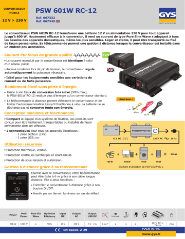 GYS INVERTER PSW 601W - 12V - ON/OFF REMOTE Fiche technique | Fixfr