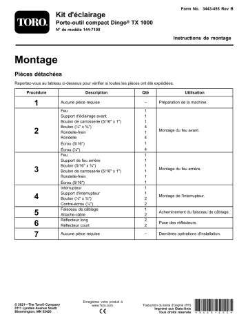 Toro Light Kit, Dingo TX 1000 Compact Tool Carrier Compact Utility Loader Guide d'installation | Fixfr