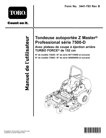 Toro Z Master Professional 7500-D Series Riding Mower, With 60in TURBO FORCE Rear Discharge Mower Riding Product Manuel utilisateur | Fixfr