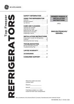 GE GPE12FGKWW Top Freezer Refrigerator Guide d'installation