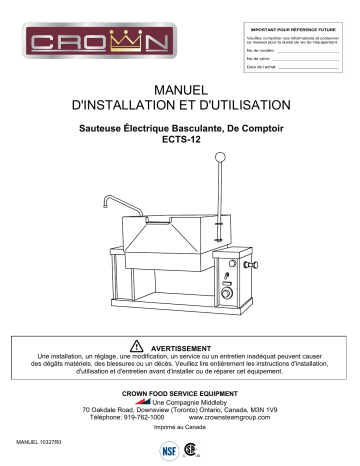Manuel du propriétaire | Crown ECTS-12 Electric Counter Tilting Skillet Owner's Manual | Fixfr