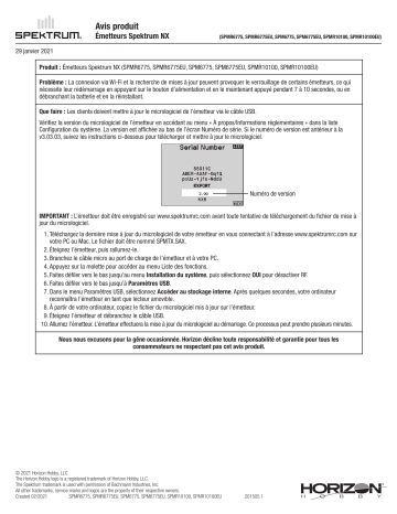 SPM6775 | SPMR6775 | Une information important | Spektrum SPMR10100 NX10 10-Channel Transmitter Only Notice | Fixfr