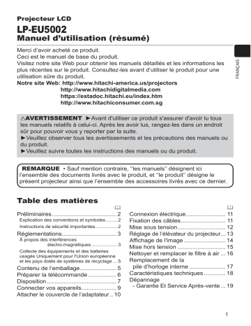 Mode d'emploi | Hitachi LPEU5002 Projector Guide | Fixfr