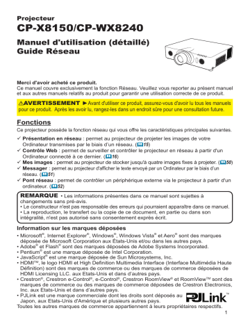 CPWU8440 | CPWU8450 | CPSX8350 | CPX8150 | Manuel utilisateur | Hitachi CPX8160 Projector Network Guide | Fixfr