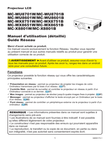 MCWU8601B | MCWU8701B | MCWX8651W | MCX8801B | MCWU8601W | MCWX8751W | MCWU8701W | Manuel utilisateur | Maxell MCX8801W Projector Network Guide | Fixfr