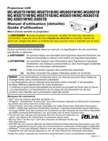 MCWU8601B | MCWU8701B | MCWX8651W | MCX8801B | MCWU8601W | MCWX8751W | MCWU8701W | Mode d'emploi | Maxell MCX8801W Projector Guide | Fixfr