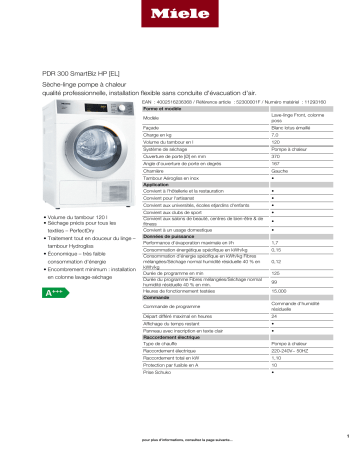 Product information | Miele PDR 300 SmartBiz HP Sèche linge à évacuation Product fiche | Fixfr