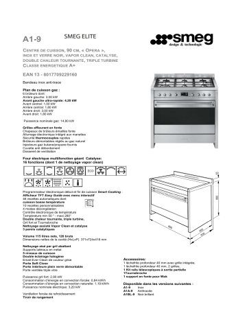 Product information | Smeg A1-9 Piano de cuisson mixte Product fiche | Fixfr