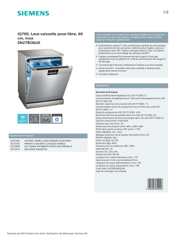 Product information | Siemens SN278I36UE IQ700 Lave vaisselle 60 cm Product fiche | Fixfr