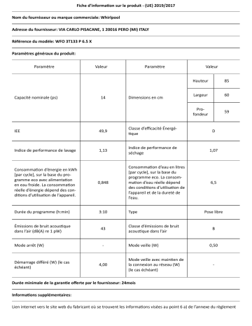 Product information | Whirlpool WFO3T133P6.5PX 6ème SENS Lave vaisselle 60 cm Product fiche | Fixfr