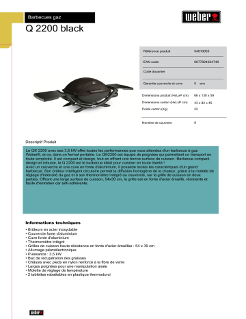 Product information | Weber Q2200 Noir Barbecue gaz Product fiche | Fixfr