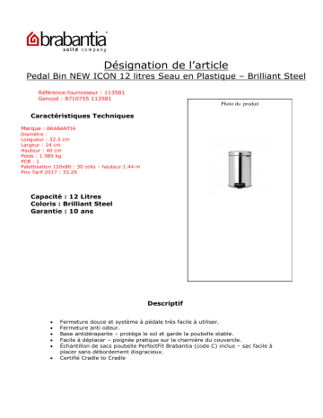 Product information | Brabantia Newlcon 12L Brilliant Steel A pedale Poubelle manuelle Product fiche | Fixfr