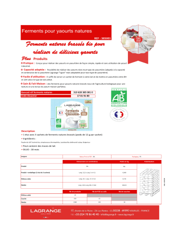 Product information | Lagrange BIO nature pour yaourts Ferment Product fiche | Fixfr