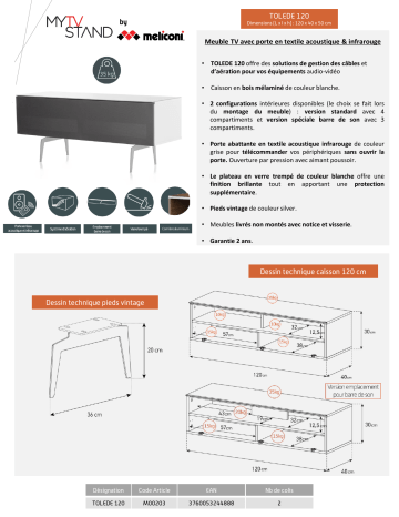 Product information | Meliconi Tolède 120 cm blanc Meuble TV Product fiche | Fixfr