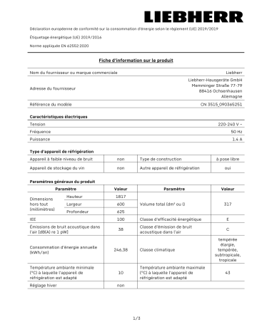 Product information | Liebherr CN3515-21 Réfrigérateur combiné Product fiche | Fixfr