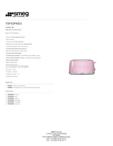 Product information | Smeg TSF02PKEU Rose Grille-pain Product fiche | Fixfr