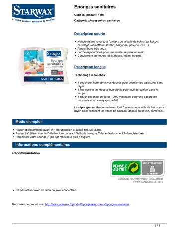Product information | Starwax EPONGES SANITAIRES LOT DE 2 Eponge Product fiche | Fixfr