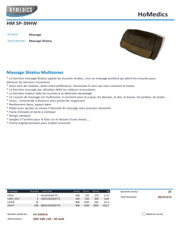 Product information | Homedics SP-39HW Coussin massant Product fiche | Fixfr