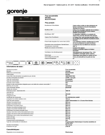 Product information | Gorenje BCS747S34X Four encastrable Manuel utilisateur | Fixfr