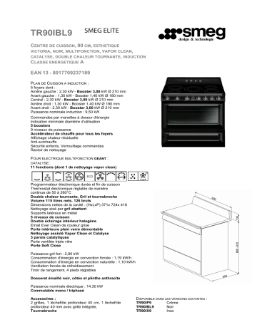Product information | Smeg TR90IBL9 Piano de cuisson induction Product fiche | Fixfr