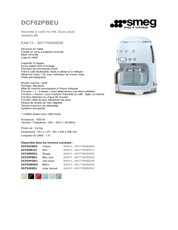 Product information | Smeg DCF02PBEU Cafetière programmable Product fiche | Fixfr