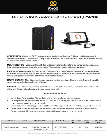 Product information | Ibroz Zenfone 5 ZE620KL - ZS620KL Cuir Noir Etui Product fiche | Fixfr