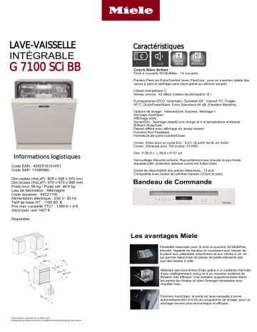 G 7100 SCi BB | Product information | Miele G 7100 SCi NR Lave vaisselle encastrable Product fiche | Fixfr
