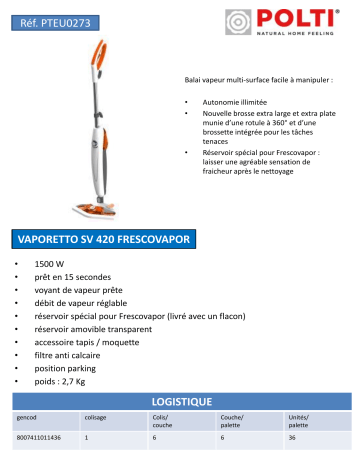 Product information | Polti SV420 FRESCO VAPOR Balai vapeur Product fiche | Fixfr